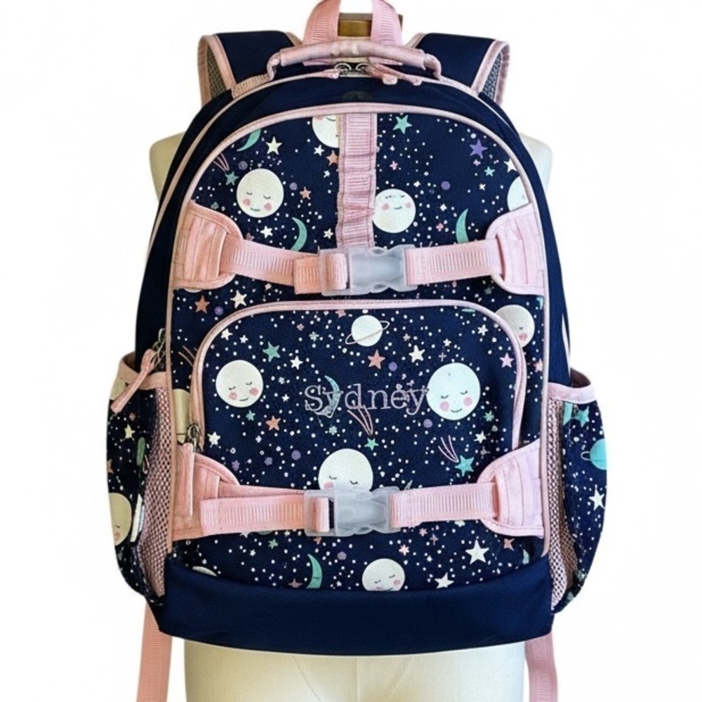 Pottery Barn Kids Backpack McKenzie Pink Navy glow in the dark moon backpack